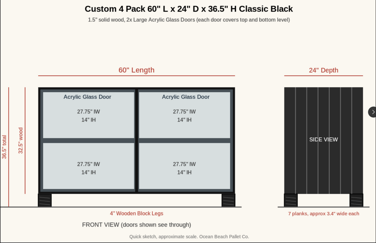 4-pack black glass door cabinet set with acrylic glass panels