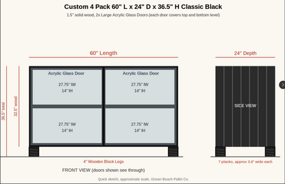 4-pack black glass door cabinet set with acrylic glass panels