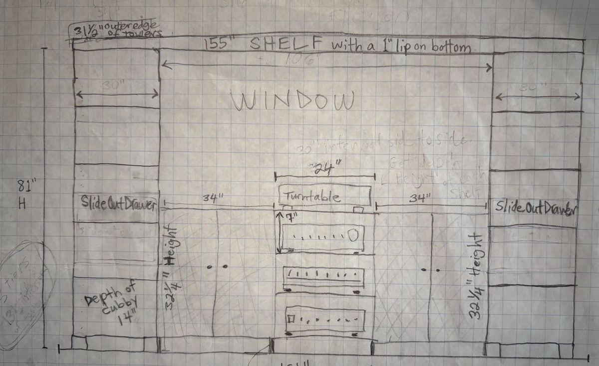 Hand-drawn wall shelving layout with sliding drawers and window opening
