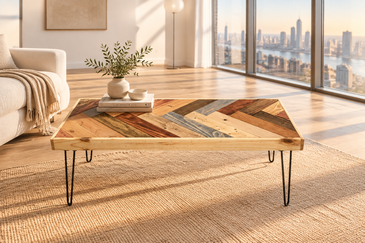 Wood herringbone coffee table with metal legs and warm light finish