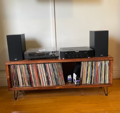 Living room furniture vinyl record storage full of records, hairpin legs