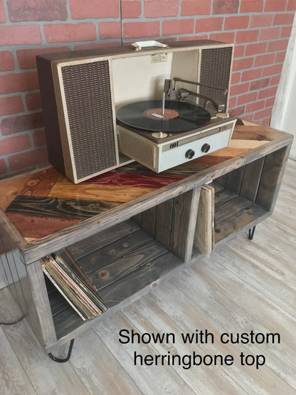 antique record player on media console, vinyl record storage with artsy top