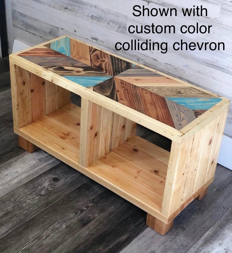 customizable record shelf with natural finish, durable, 4" wooden block legs, and blues colliding chevron top