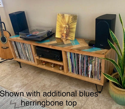 vinyl record storage, turntable stand, multimedia console, credenza, cube storage, entertainment center, hifi, media console with blues herringbone top upgrade