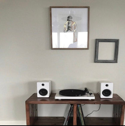 Turntable setup, vinyl record storage, turntable stand, speaker stand, hairpin legs, wall art
